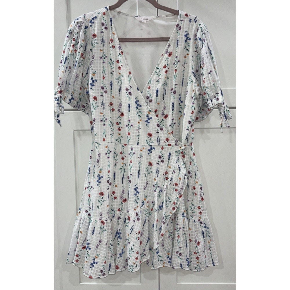 LC Lauren Conrad Dress L  Wrap White Multi Floral Ruffle Hem Puff Sleeve Cottage